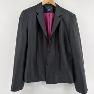 Ann Taylor Womens Black 100% Silk Blazer Jacket Magenta Lining Size 12 Evening